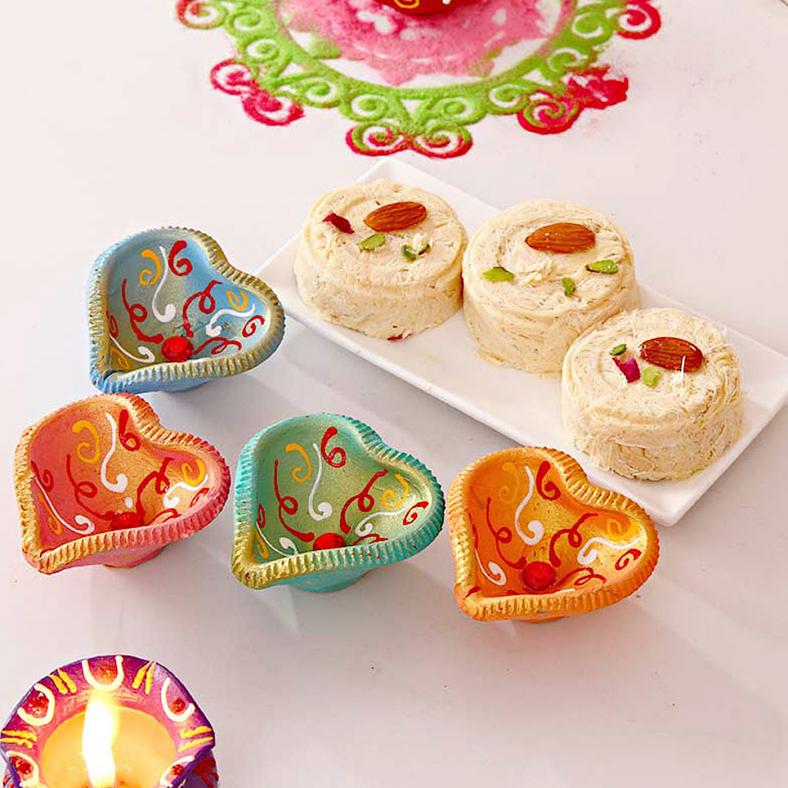 Set of 4 Multicolored Clay Diyas w/ Soan Papdi