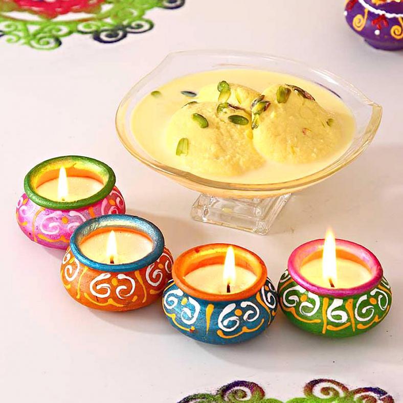 Elegant Double Shaded Painted Clay Diyas w/ Rasmalai