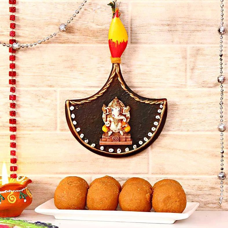 Diya Shaped Ganesha Wall Hanging w/ Besan Laddoo