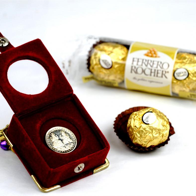 5 Gms Laxmi Ganesha Silver Coin w/ 3 Pcs Ferrero Rocher