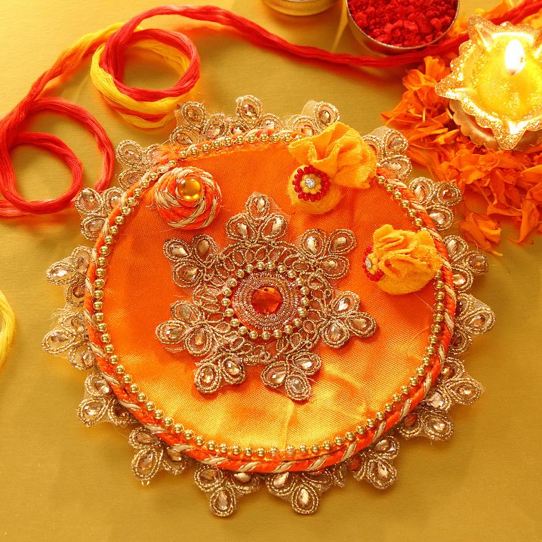 Fancy Festive Orange Decorated Bhaidooj Tikka Thali