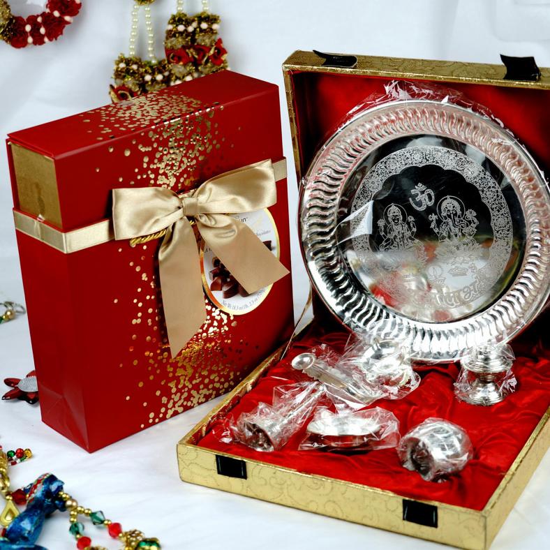 Silver Plated Puja Thali w/ Pack of Gudrun Chocolates Gift Set