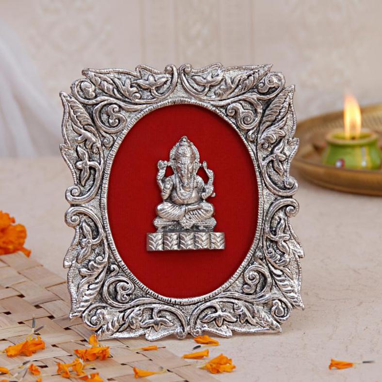 Lord Ganesha Antique White Metal Frame for Decor / Gift