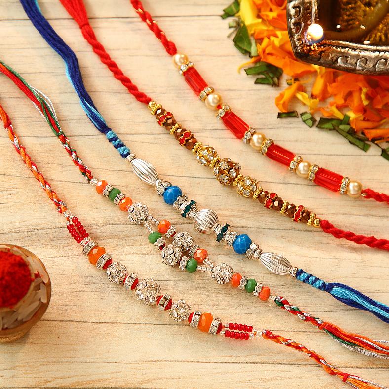 Set of 5 Multicolored Bead & Stone Studded Rakhi