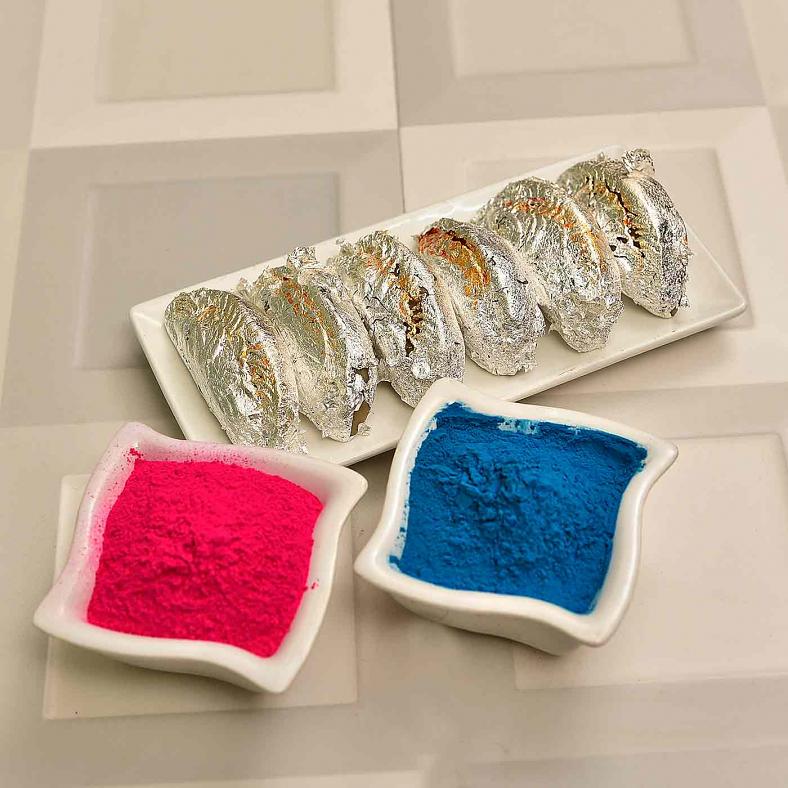 Relishing Kaju Gujiya with Pink & Purple Gulaal - Holi Gift Hamper