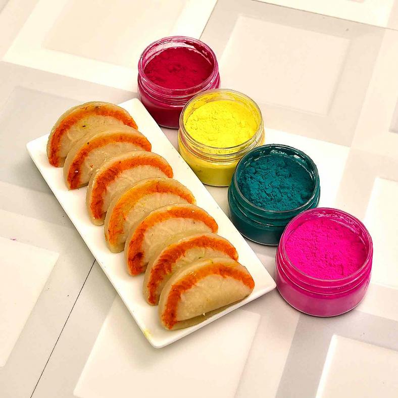 Holi Gift Hamper with Badaam Gujiya & Four Scented Gulaal Packs