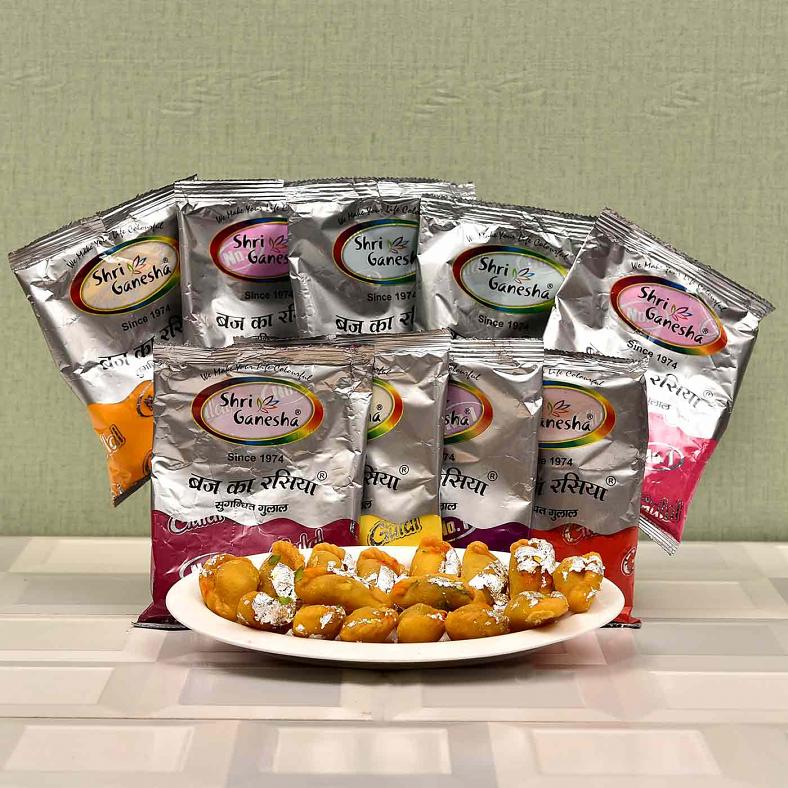 Holi Gift Hamper w/ Tempting Gujiya & 9 Packs of Herbal Gulal Color Powder