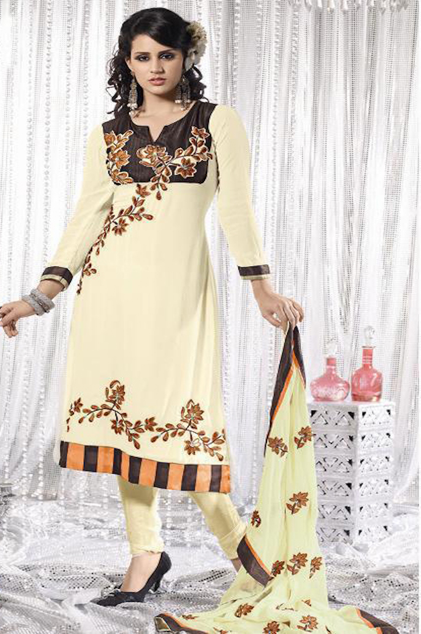 Cream & Coffe Brown Georgette Blended Crepe Readymade Churidar Kameez Cream & Coffe Brown Georgette Blended Crepe Readymade Churidar Kameez