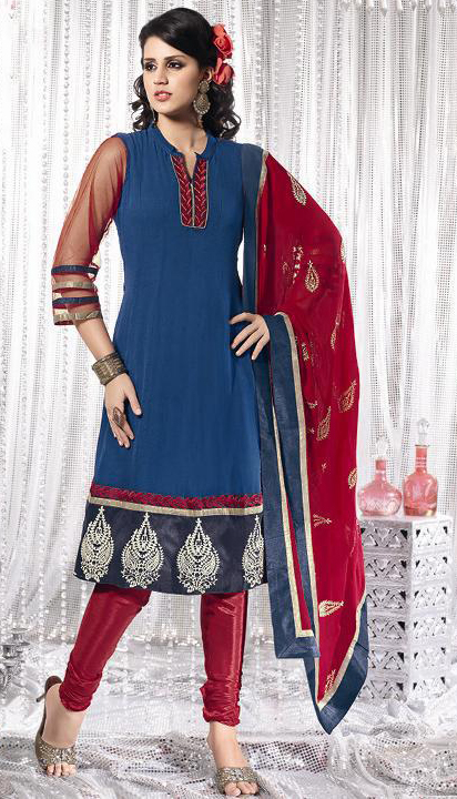 Blue & Maroon Georgette Crepe Blend Unstitched Dress Material Blue & Maroon Georgette Crepe Blend Unstitched Dress Material