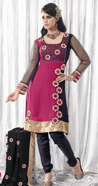 Deep Pink & Black Georgette Crepe Blend Unstitched Dress Material Deep Pink & Black Georgette Crepe Blend Unstitched Dress Material