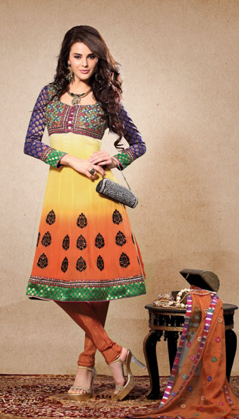 Orange & Yellow Multicolor Georgette & Silk Blend Unstitched Dress Material Orange & Yellow Multicolor Georgette & Silk Blend Unstitched Dress Material