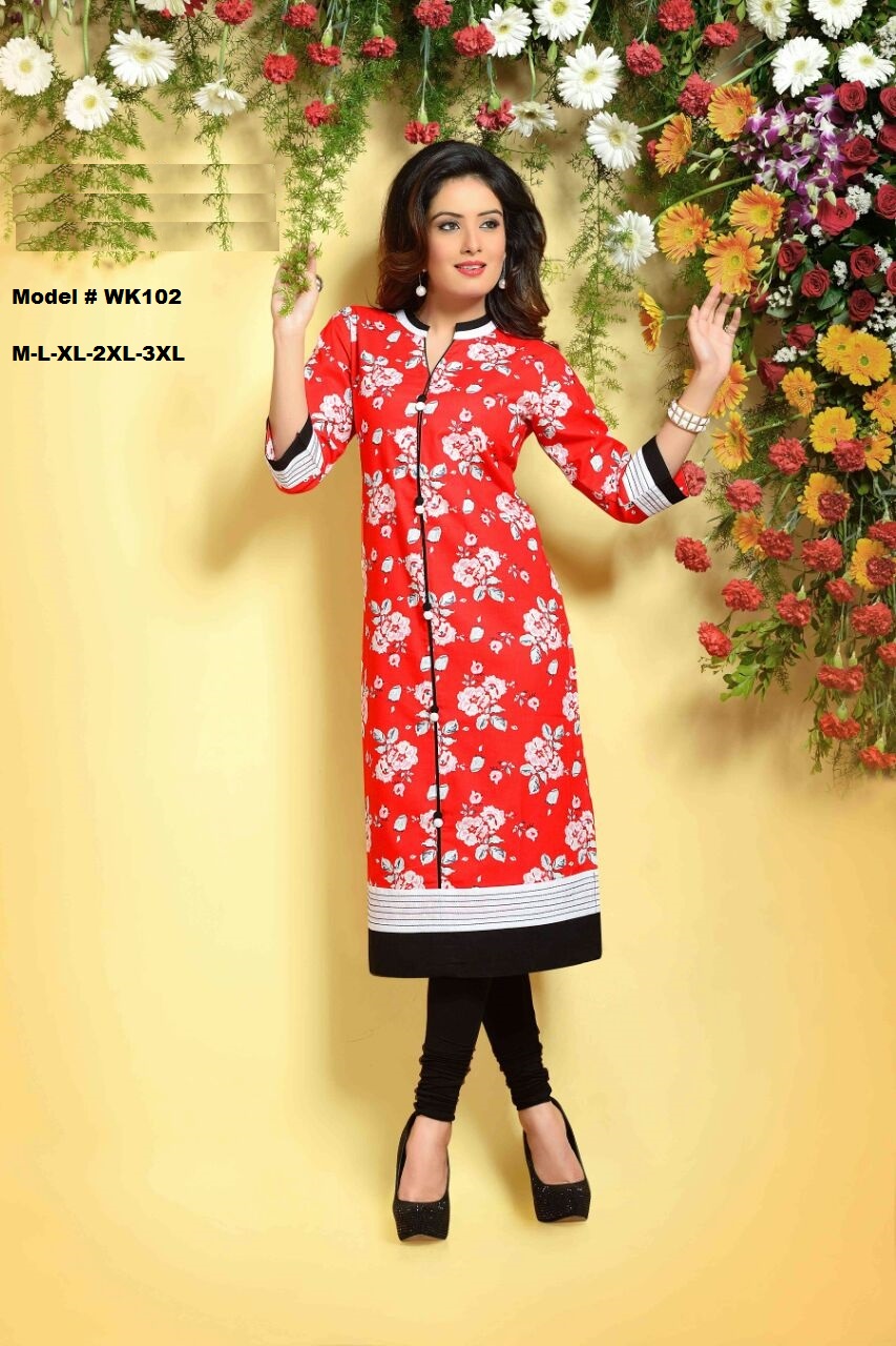 Long Designer Red Floral Kurti / Tunic - Plus Size Up to 3XL Long Designer Red Floral Kurti / Tunic - Plus Size Up to 3XL