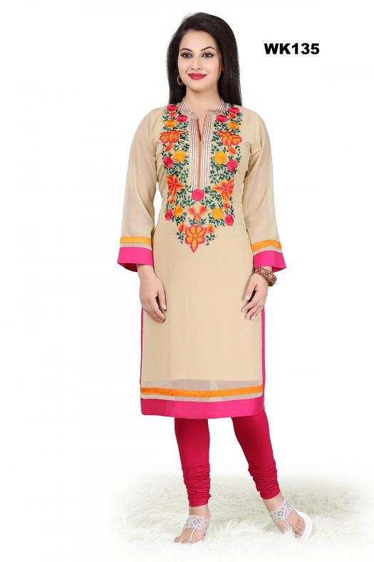 Spring Style Long Georgette Beige Tunic w/ Embroidery S-2XL Spring Style Long Georgette Beige Tunic w/ Embroidery S-2XL