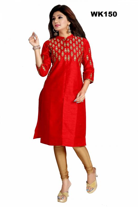 Revolting Red Raw Silk Embellished Kurti Tunic w/ Ban Collar & Full Sleeves Revolting Red Raw Silk Embellished Kurti Tunic w/ Ban Collar & Full Sleeves