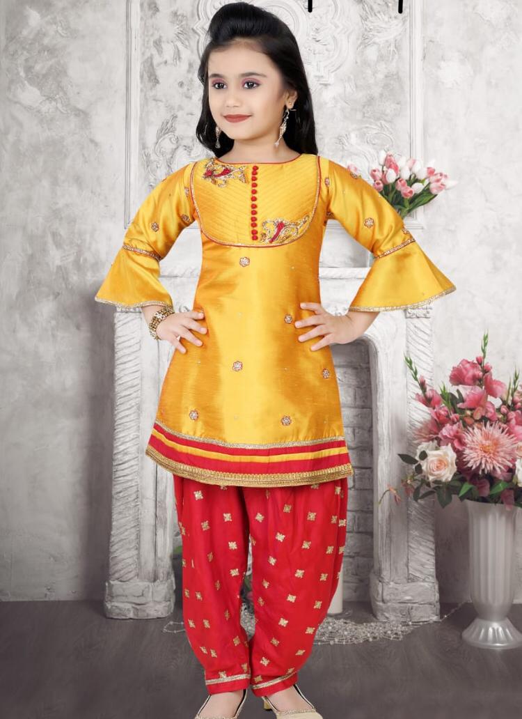 Elegant looking Festive Yellow Red Patiala for Young Girls 6 to 14 Year