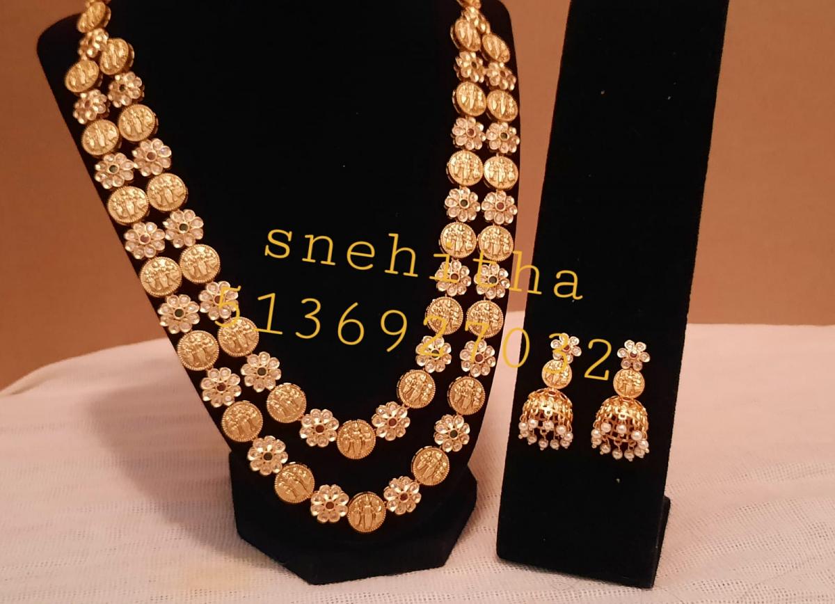 Traditional Indian One Gram Double Strand Temple Necklace Set