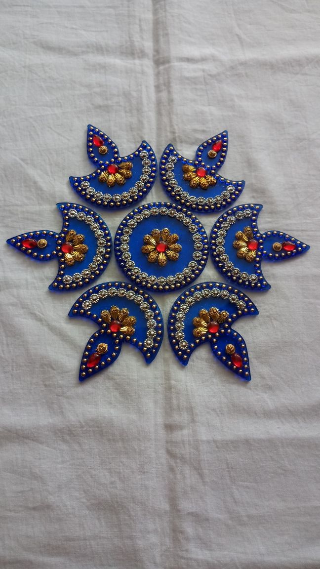 Blue Small Embellished Diya Shape Diwali Decor Rangoli