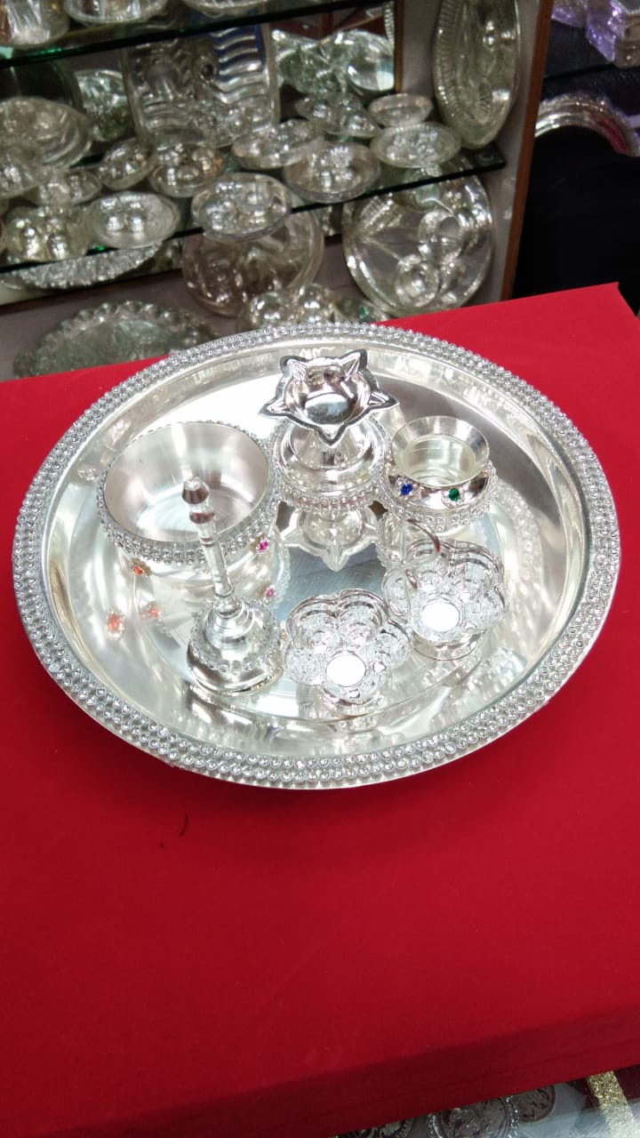 Pure German Silver Pooja Thali  5 Piece Set
