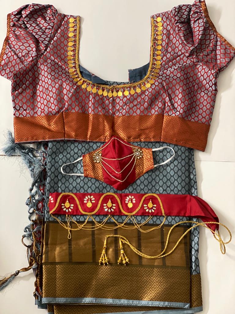 Blue, black& Red Combination Muslin Silk Saree w/ Stitched Blouse, Hip Belt Blue, black& Red Combination Muslin Silk Saree w/ Stitched Blouse, Hip Belt