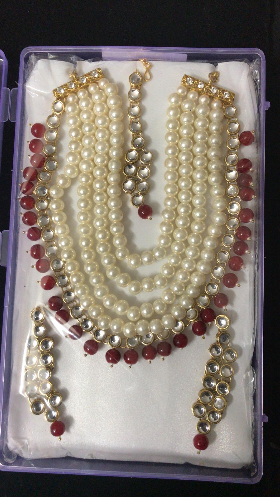 Big Kundan Jewellery w/ Red & White Pearls Necklace, Earrings, Tikka Big Kundan Jewellery w/ Red & White Pearls Necklace, Earrings, Tikka