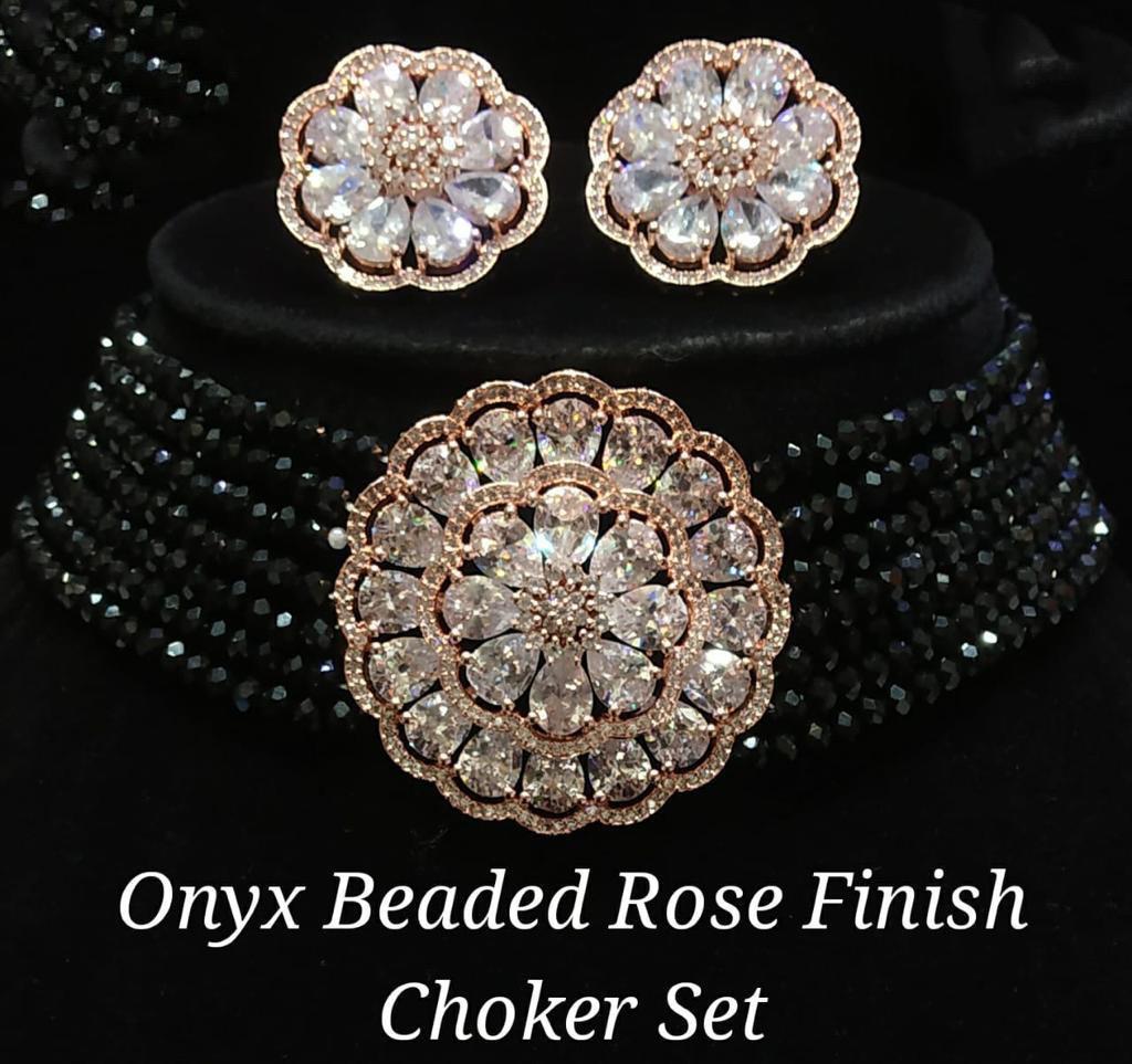 Stunning Onyx Beaded Rose Finish Choker Set || Jewelry Set