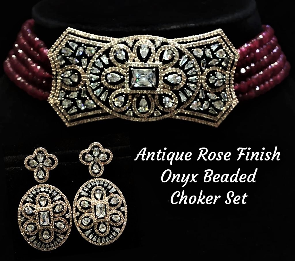 Stunning Onyx Beaded Rose Finish Dual Tone Maroon Choker Set || Jewelry Set Stunning Onyx Beaded Rose Finish Dual Tone Maroon Choker Set || Jewelry Set