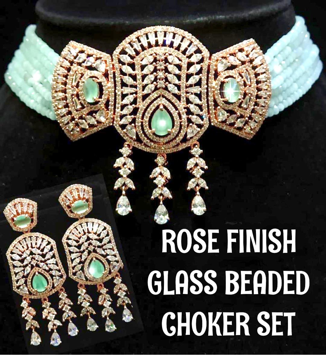 Shimmering Glass Beaded Rose Finish Choker/Necklace Set || Jewelry Set 