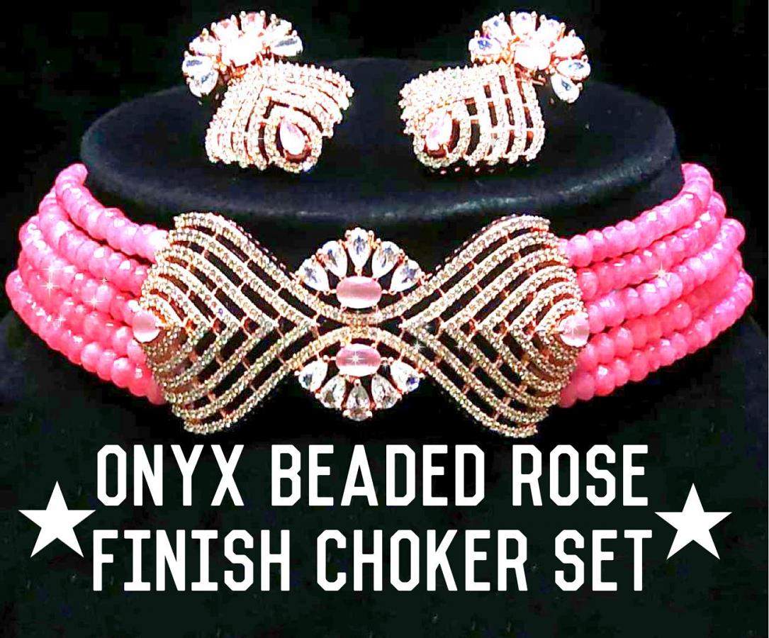 Gleaming Onyx Beaded Rose Finish Choker Set || Jewelry Set