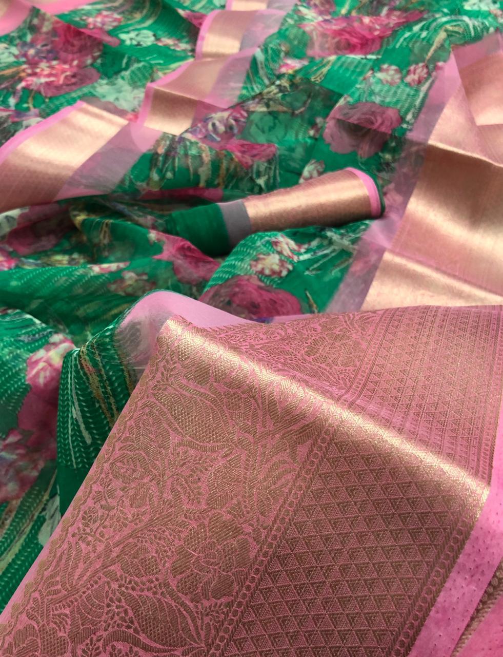 Organza Green Saree + Unstitched Blouse 60 cm