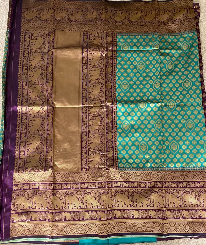 Pure Lichi Silk Light Green and Thick Purple Saree+unstitched blouse