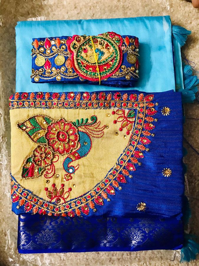 Beautiful silk saree with matching maggam work Blouse and hip belt