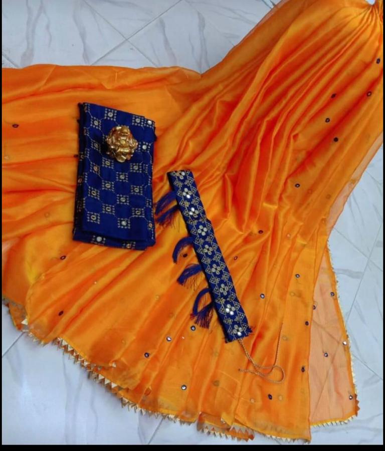 Georgettee Saree w/ Embroidery Mirror Work on unstitched blouse+hip belt