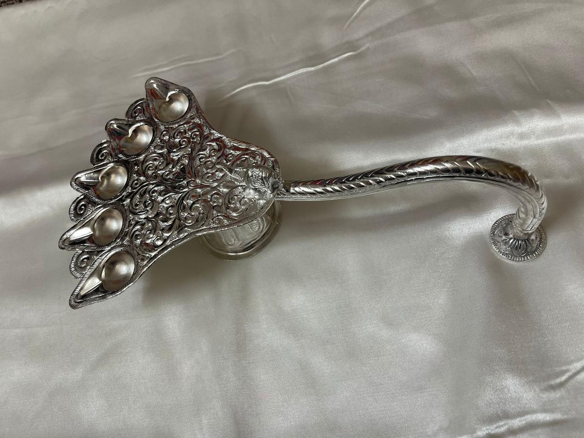 German Silver Pooja Harathi w/ Elephant Design Carving