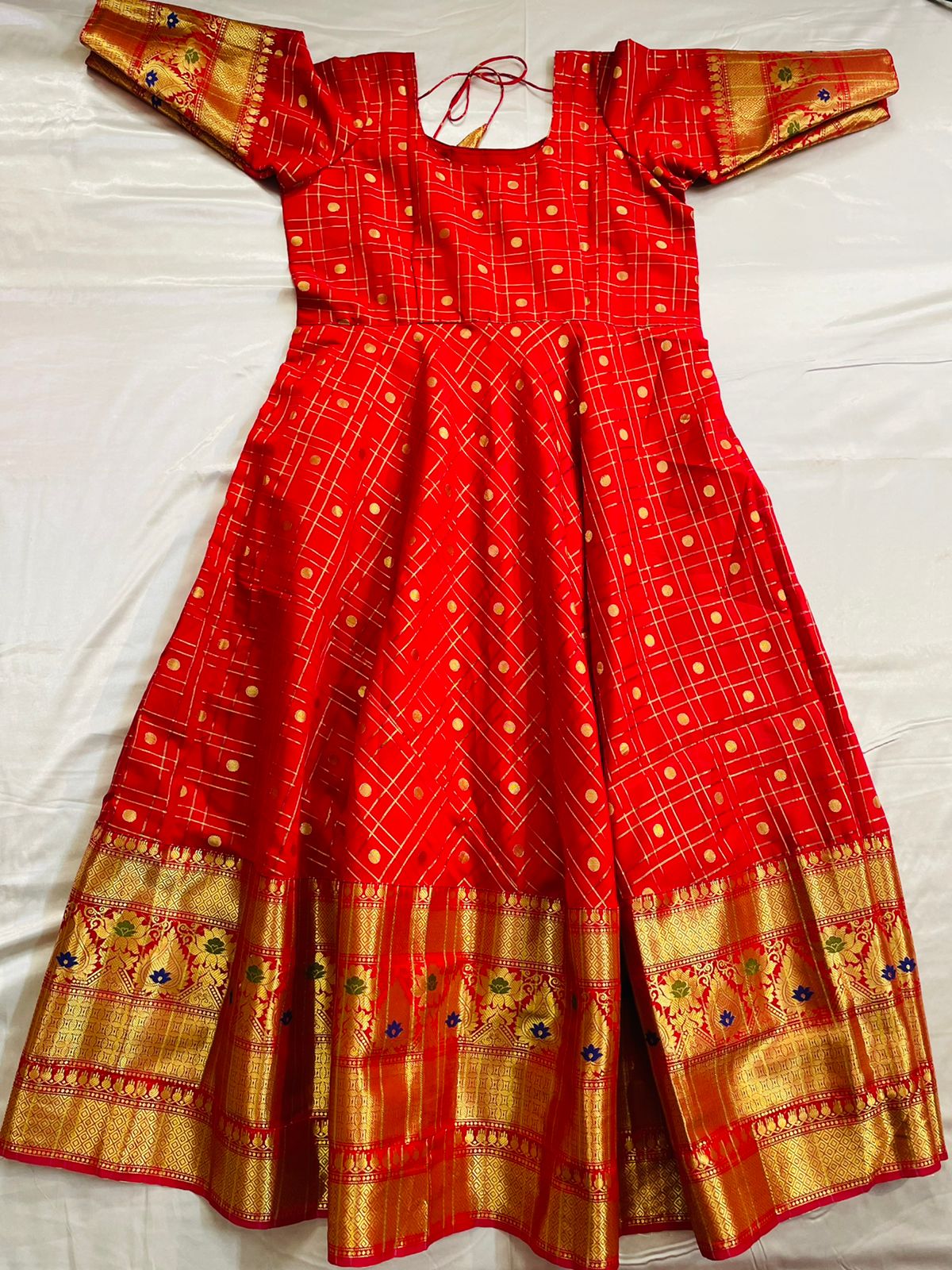 Pure Banarasi Silk Kanchi Border Red Long Frock w/ Lining XL Size Pure Banarasi Silk Kanchi Border Red Long Frock w/ Lining XL Size