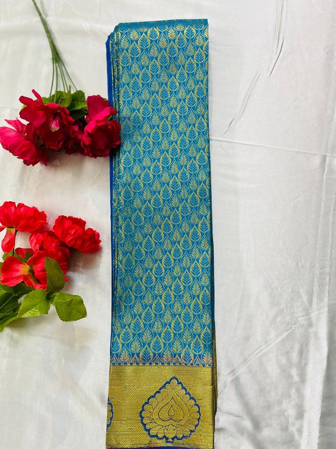 Blue Gold Kanchipuram Art Silk Saree w/ Unstitched Blouse 