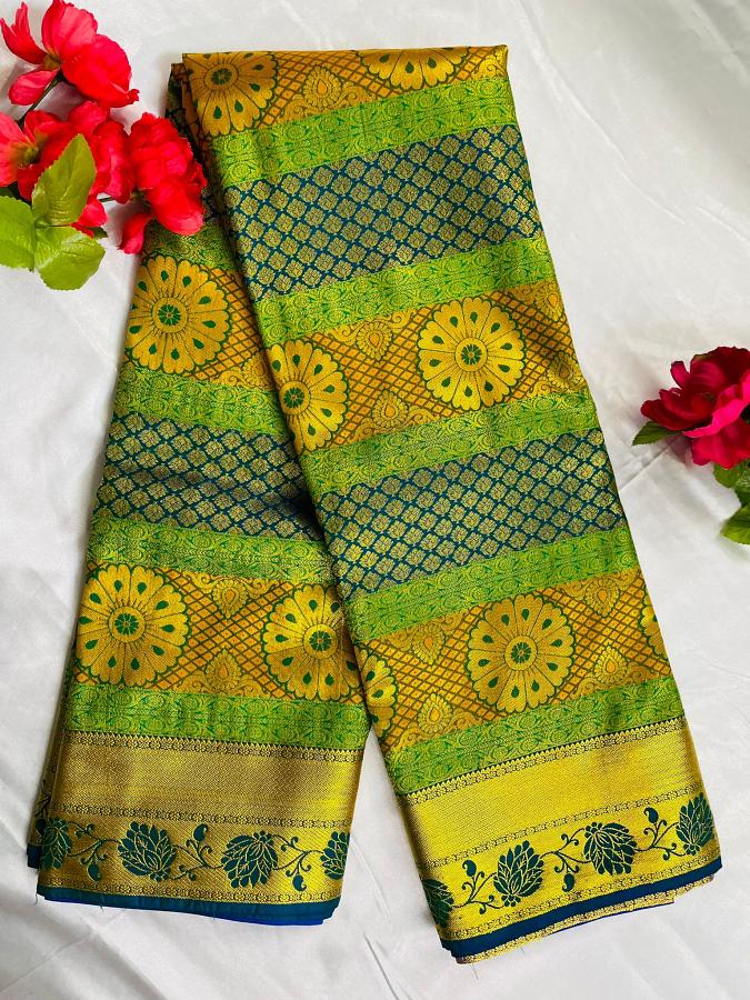  Kanchipuram bridal silk saree with contrast unstitched blouse 