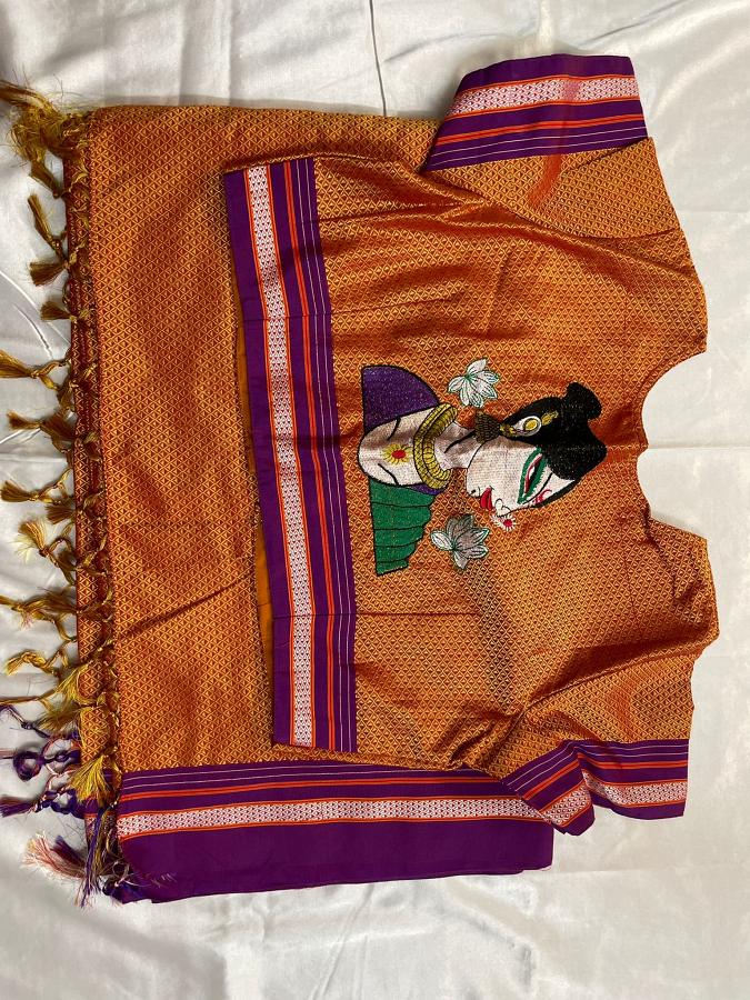 Orange khun resham blended silk saree with stitched blouse 38"