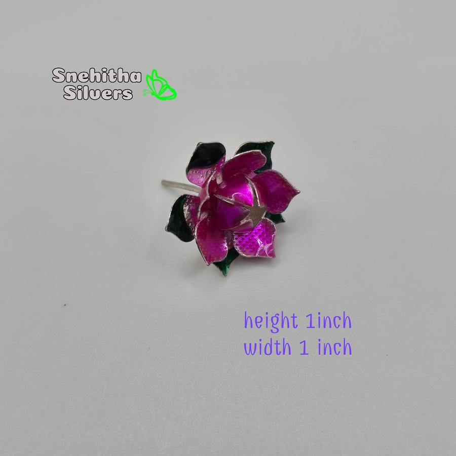 Silver flower- 2 pink enamel flower -Silver Pooja Items, Return Gift