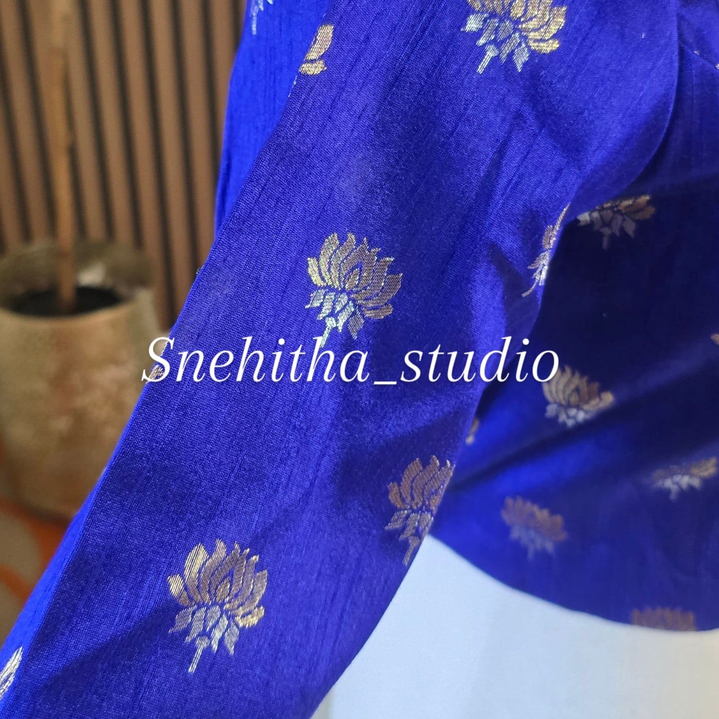 Rawsilk royal blue color with zari weave lotus motif custom blouse Rawsilk royal blue color with zari weave lotus motif custom blouse