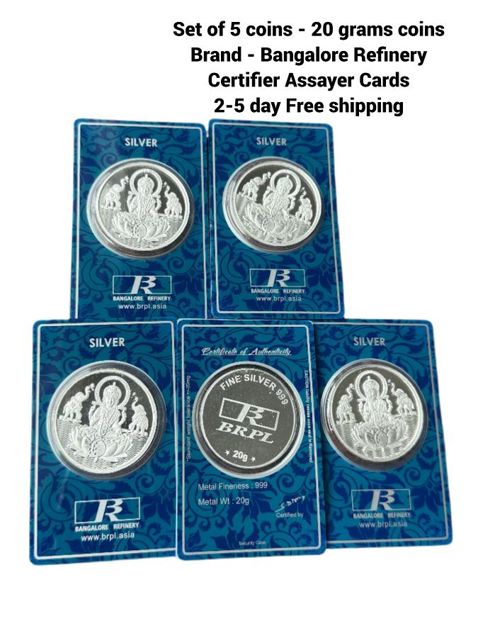 Set of 5 - 20g 999 Pure Silver Indian Coins-Bangalore Refinery