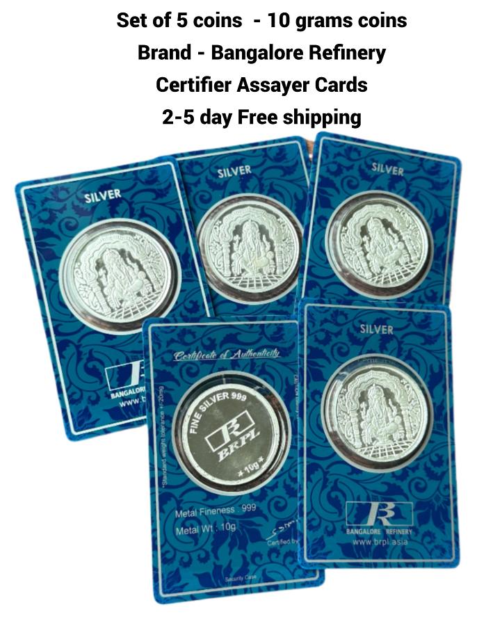 Set of 5 - 10g 999 Pure Silver Indian Coins-Bangalore Refinery
