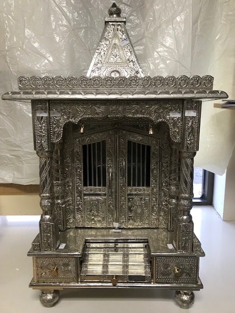 Wooden Mandir German Oxidized Silver Finish Plating & Doors 20x13x36 Inches