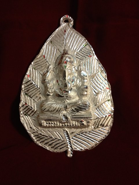 Lord Ganesh Statue on Paan Leaf, Silver Color Metal Wall Hanging