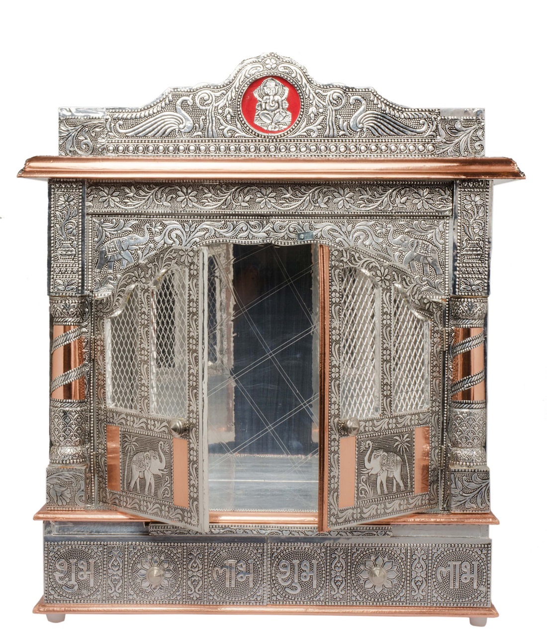 Oxidized Silver Copper Trim  25" Large Mandir w/ Doors