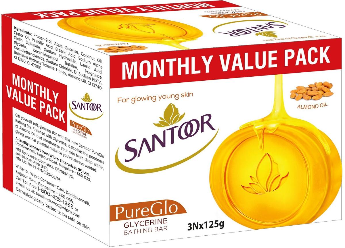Santoor Pureglo Soap With Oil And Glycerine 375gm