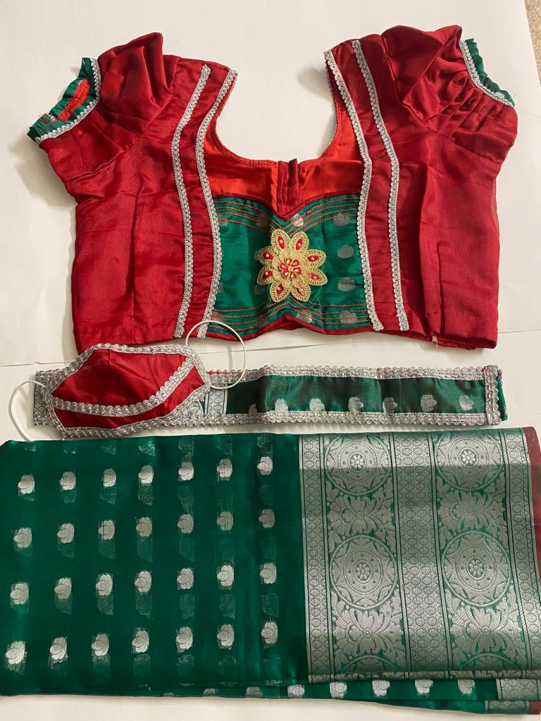 Handloom pattu organza Saree w/ Stitched Puff Sleeves Blouse 