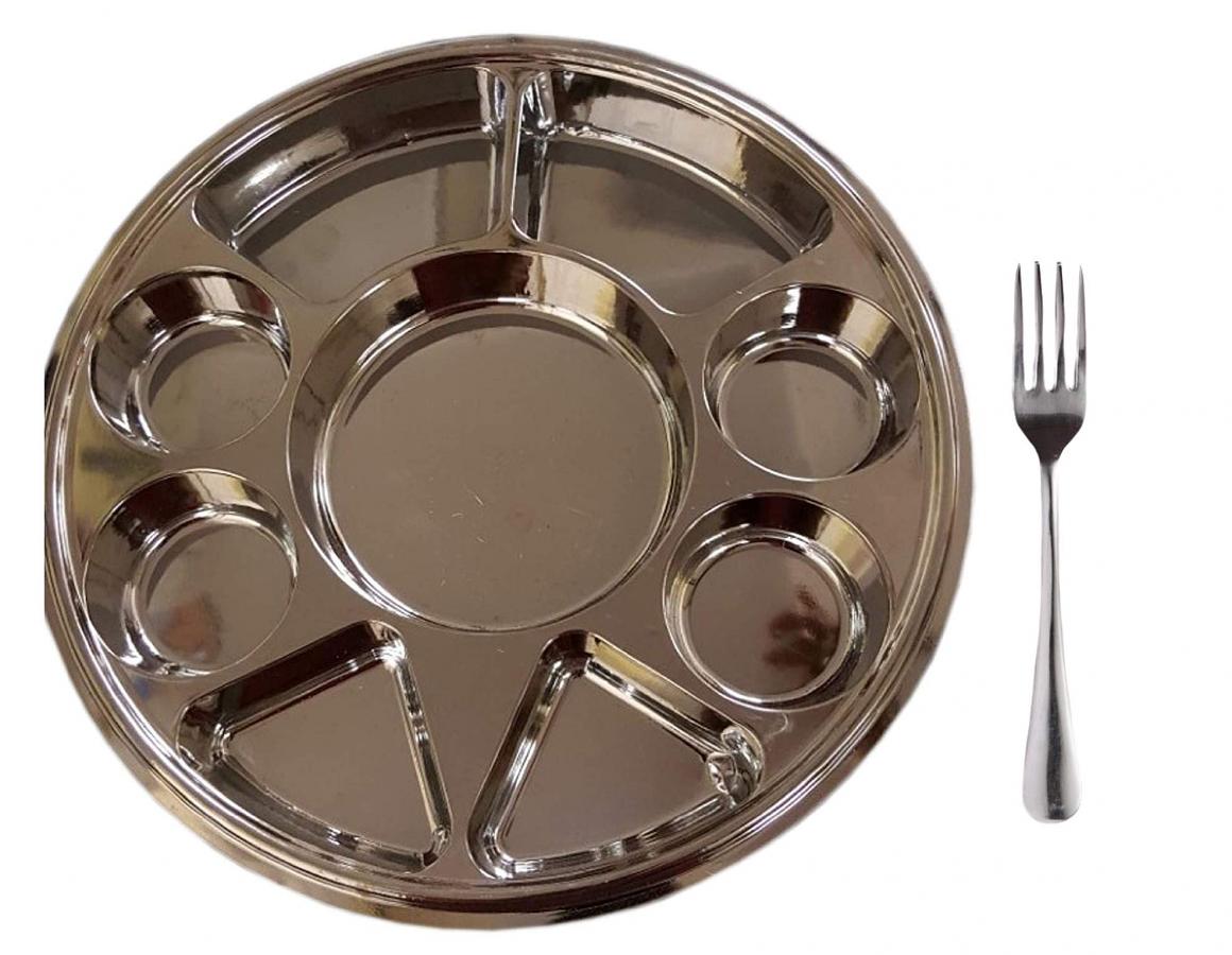 100 Disposable Stainless Steel 9 Compartment Thali & Forks for Indian Food, Wedding, Langar