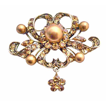 Vintage Antique Copper with Flower Dangling Antique Gold Brooch Vintage Antique Copper with Flower Dangling Antique Gold Brooch