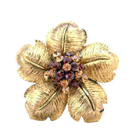 Gold Flower Petals with Smoked Topaz & Topaz Bridal Brooch 2 x 2" Gold Flower Petals with Smoked Topaz & Topaz Bridal Brooch 2 x 2"