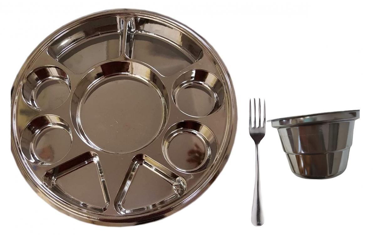 Disposable Plates 9 Compartment Stainless Steel Plates - 200 Thali w/ Fork & Bowls